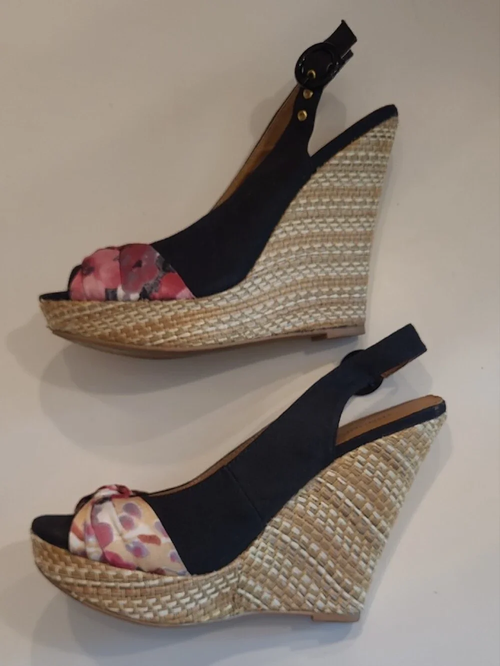 Maurices Wedge Sandals Pink Floral Knot Slingback Espadrille Peep Toe Weave Heel